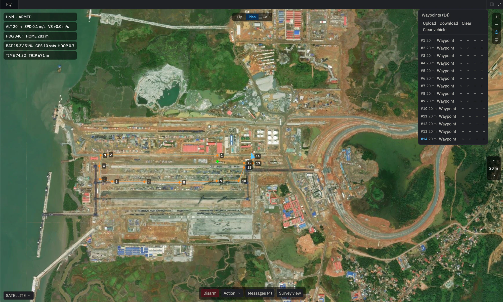 Mission planning interface with live flight waypoints over a satellite map